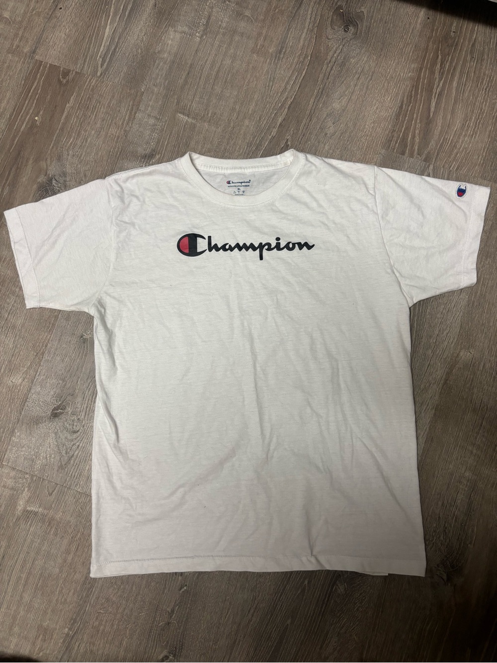 Champion White Short Sleeve Logo Tee with Navy Script